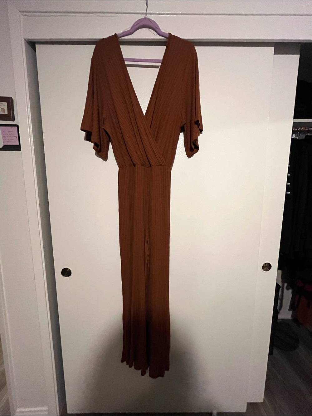 Rust Ribbed V-Neck Wide-Leg Jumpsuit - Picture 4 of 6